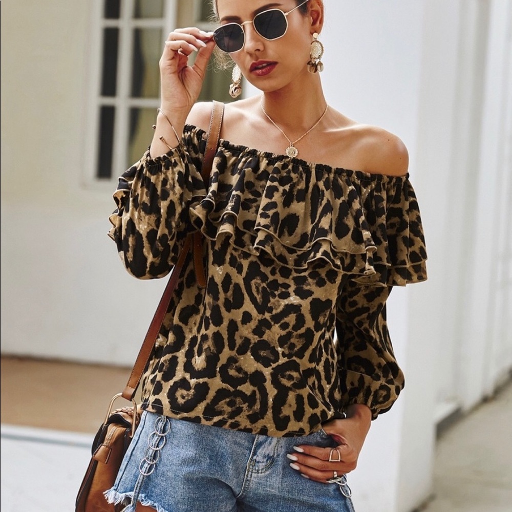 New! Tan Leopard Print off the shoulder Ruffle top - Picture 3 of 4